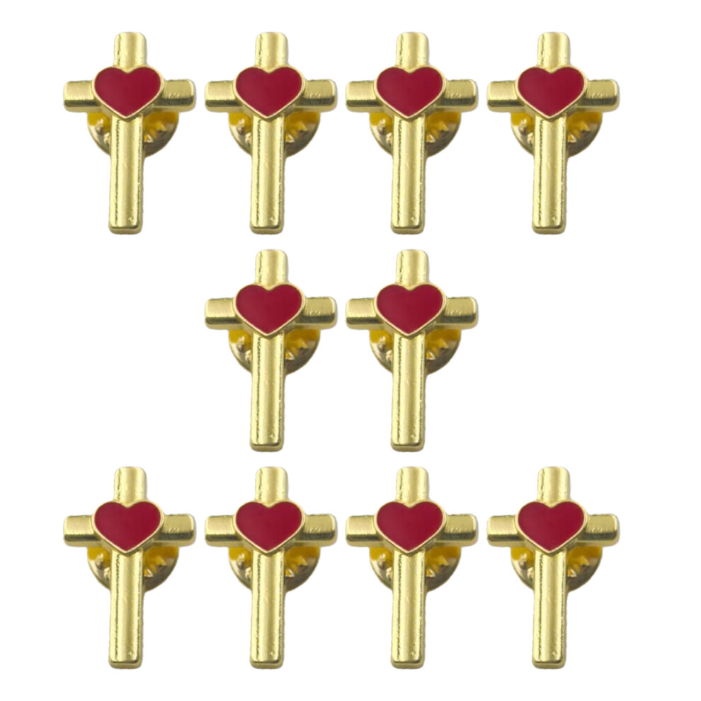 Pack of 10 Vibrant Enamel Crosses Heart Brooch Pin-Gold-color