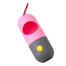 Grote hondenpoepzakjesdispenser in grijs en roze met metalen clip, draagbaar en handsfree.