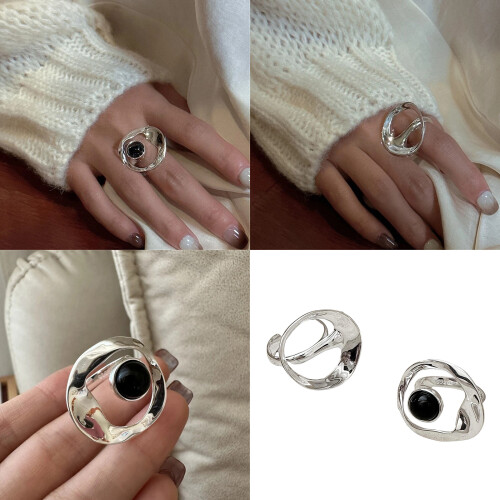 Irregular Black Onyx Stone Ring Fashion Adjustable Opening-1 2