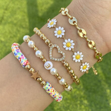 Metal Bead Chain Bracelet 5Pcs Colorful Polymer Clay Gold Wrist Jewelry