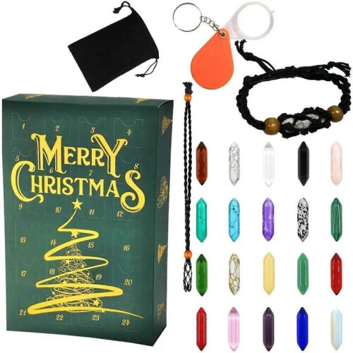 (Green)Crystal Xmas Countdown Calendar with Natural Crystals Advent Countdown Calendar