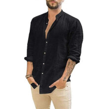 (M,YFTTTW097)Men's Long-Sleeved Shirts Summer Solid Color Stand-Up Collar Casual Beach Style Plus Size
