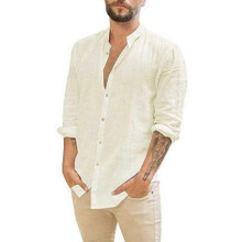 (5XL,YFTTTW100)Men's Long-Sleeved Shirts Summer Solid Color Stand-Up Collar Casual Beach Style Plus Size