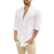 (L,YFTTTW101)Men's Long-Sleeved Shirts Summer Solid Color Stand-Up Collar Casual Beach Style Plus Size