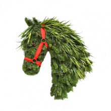 (B) Horse Head Wreath Rustic Farmhouse Equestrian Decor Artificial Horse-Shaped Wreath with Red Ribbon for Front Door Wall Wind