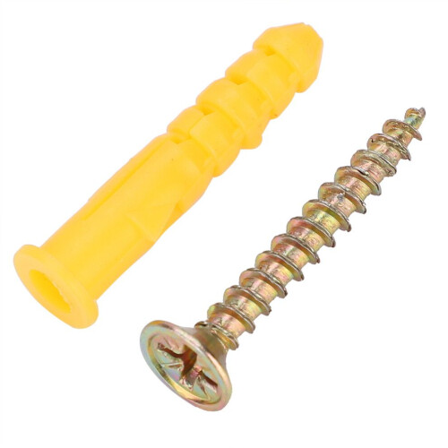 M6 Plastic Wall Plug Screw Fixings Kit, 50pcs, Yellow & Silver