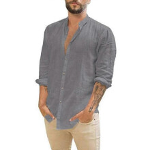 (2XL,YFTTTW099)Men's Long-Sleeved Shirts Summer Solid Color Stand-Up Collar Casual Beach Style Plus Size