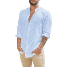 (3XL,YFTTTW098)Men's Long-Sleeved Shirts Summer Solid Color Stand-Up Collar Casual Beach Style Plus Size