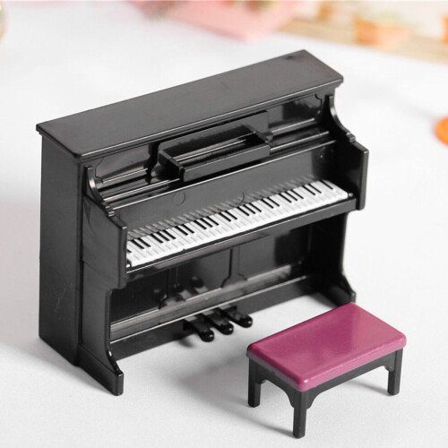 Dollhouse Piano Model with Stool, Plastic, Black, 15cm 2