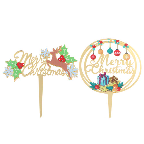 2Pcs Christmas Cake Insert Cards Themed Party Decorations