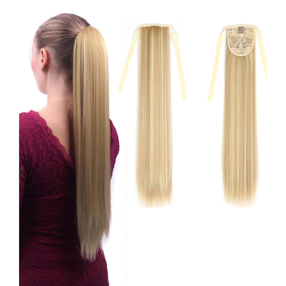 Unisex Hair Extensions 22 Inch Straight Natural Looking Clipin Wrap Around Ponytails Synthetic Hairpieces F18/613