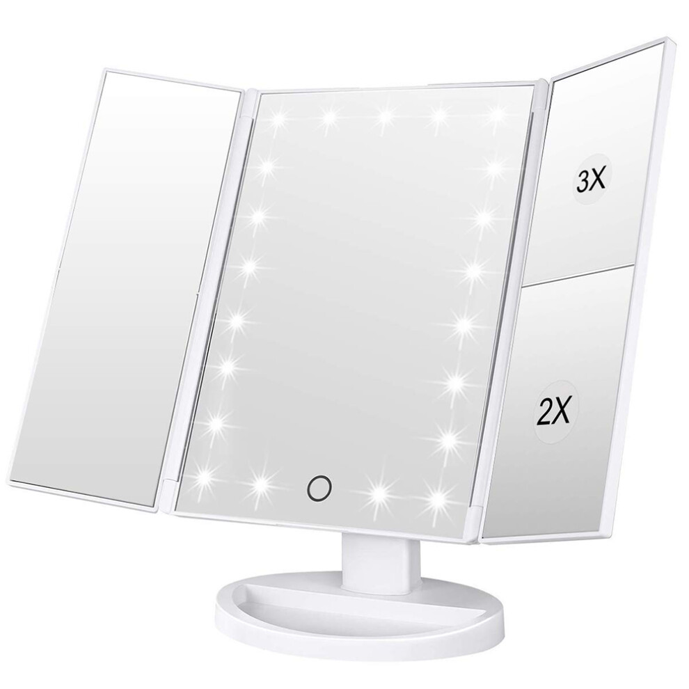 Luxury Lighted Makeup Mirror, Tri-Fold With 2X/3X Magnification, Touch-Controlled Dimmable Brightness, Dual Power Options, 180-Degree Swivel, Ideal Gi
