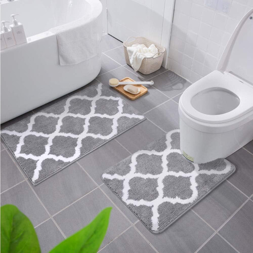 Σετ χαλιών μπάνιου πολλαπλών χρήσεων, Elegant Decor Grey White Curved Line Bath Pad, Αντιολισθητικό 1