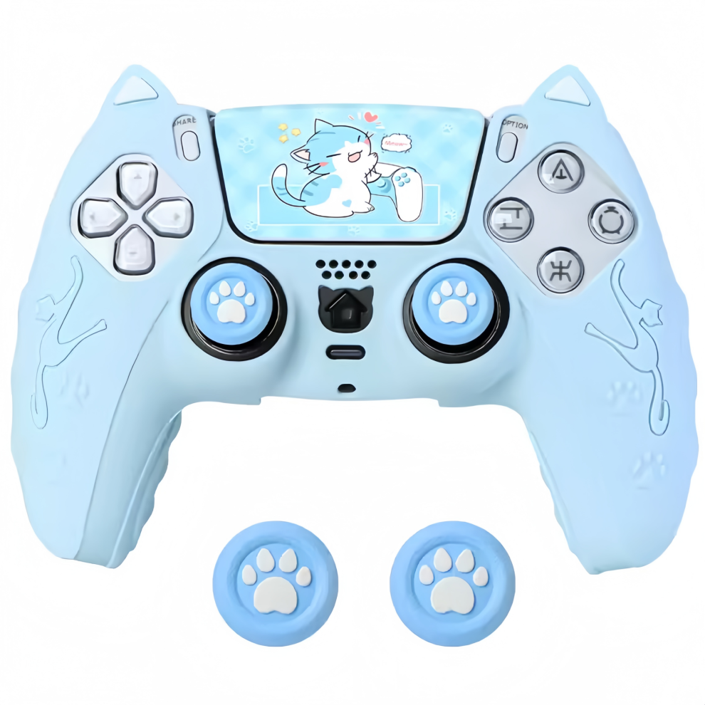 Silicone Case And Joystick Caps For Ps5 Dualsense Controller - Cat Ears Blue 6925861120800