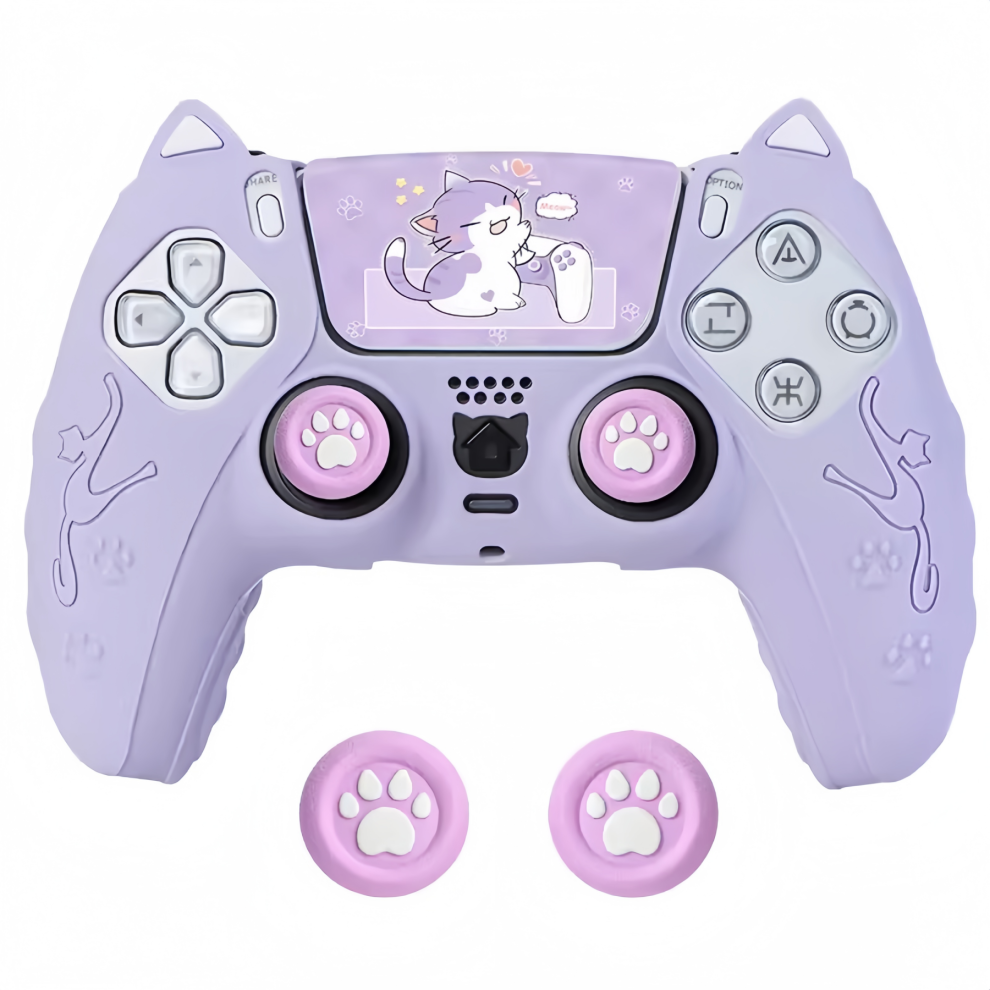 Silicone Case And Joystick Caps For Ps5 Dualsense Controller - Cat Ears Purple 6925861120794