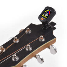Veelzijdige clip-on gitaartuner met kleuren-lcd-scherm, draaibare en opvouwbare clip.