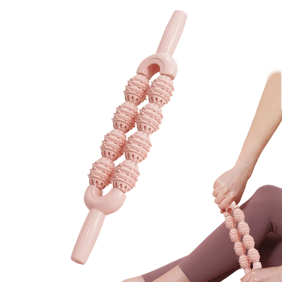 Pink Roller Stick Handheld Calf Massager Doublerow For Neck Back Calves Thighs Shins Cramps Relief Warmup Fitness