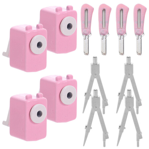 4 Sets Mini School Supplies: Tiny Compass Pencil Sharpener Craft Cutter 1