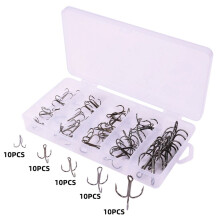 50PCS Carbon Steel Treble Hooks Set, 5 Sizes, Storage Box