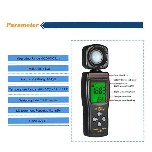 SMART SENSOR AS803 Digital Lux-Meter, LCD-Display Handheld-Illuminometer, Luminometer, Photometer, Lichtmessgerät 2