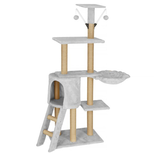 Katzenbaum - Springos - 136 cm - Häuschen - Wiege - 2 Spielpompons