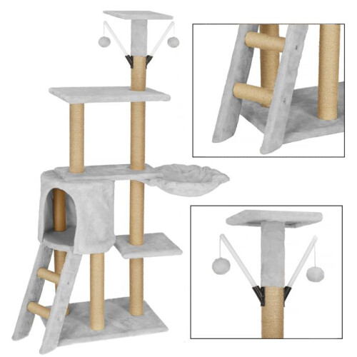 Katzenbaum - Springos - 136 cm - Häuschen - Wiege - 2 Spielpompons 1