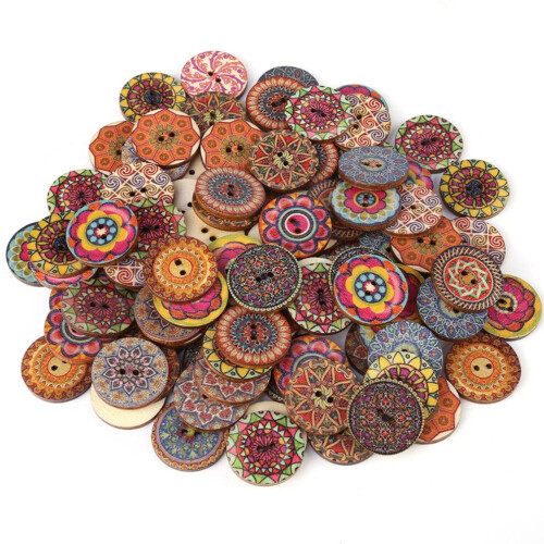 100 botones de madera vintage con patrones mixtos con 2 1
