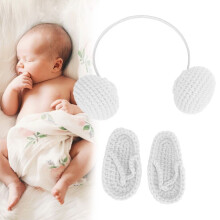 Pantuflas de lana tejidas para bebé, auriculares, accesorio de fotografía, color blanco, de 0 a 3 meses
