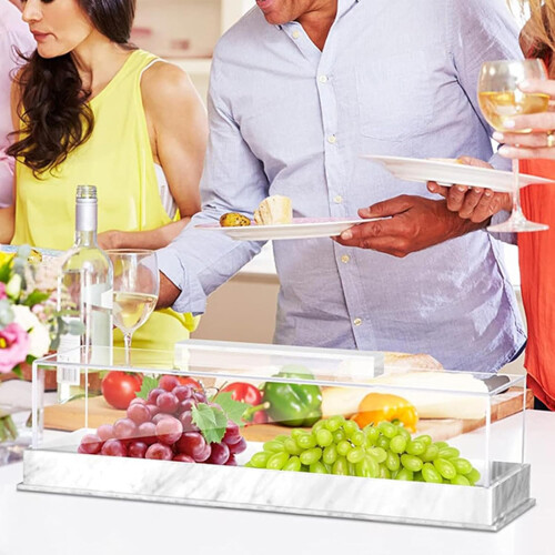 Acrylic Rectangular Cake Bowl, Clear Cake Tray, Rectangular Cookie Storage, Dessert Holder Plate, White Marble Finish 1