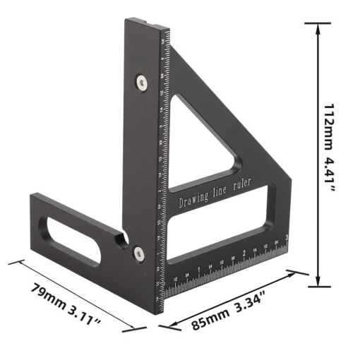 Woodworking Square Protractor 45/90 Aluminum Carpenter Ruler Black 1