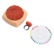 Cute Pumpkin Shape Pin Cushion Kit with Wooden Base and Finger Rings, Orange Red