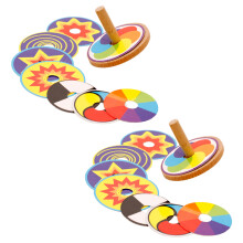 2 Set Trottola In Legno Con Giocattoli Cartone Colorati Per Bambini