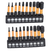 Sechskantbits aus S2-Legierungsstahl, 20er-Packung, 1/4"-Schaft, inklusive metrischer und zölliger Größen.