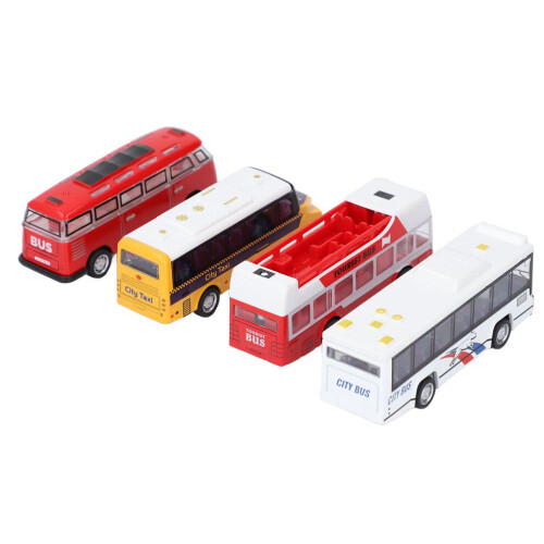4pcs Pull Back Bus Toy Set for Kids, Openable Doors, 3.94in Plastic Vehicles
