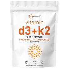 Micro Ingredients Vitamin D3 K2 5000IU Softgels | Infused with Sunflower Seed Oil, Vitamin K2 MK7 + Vitamin D Supplement, Non-GMO, No Gluten