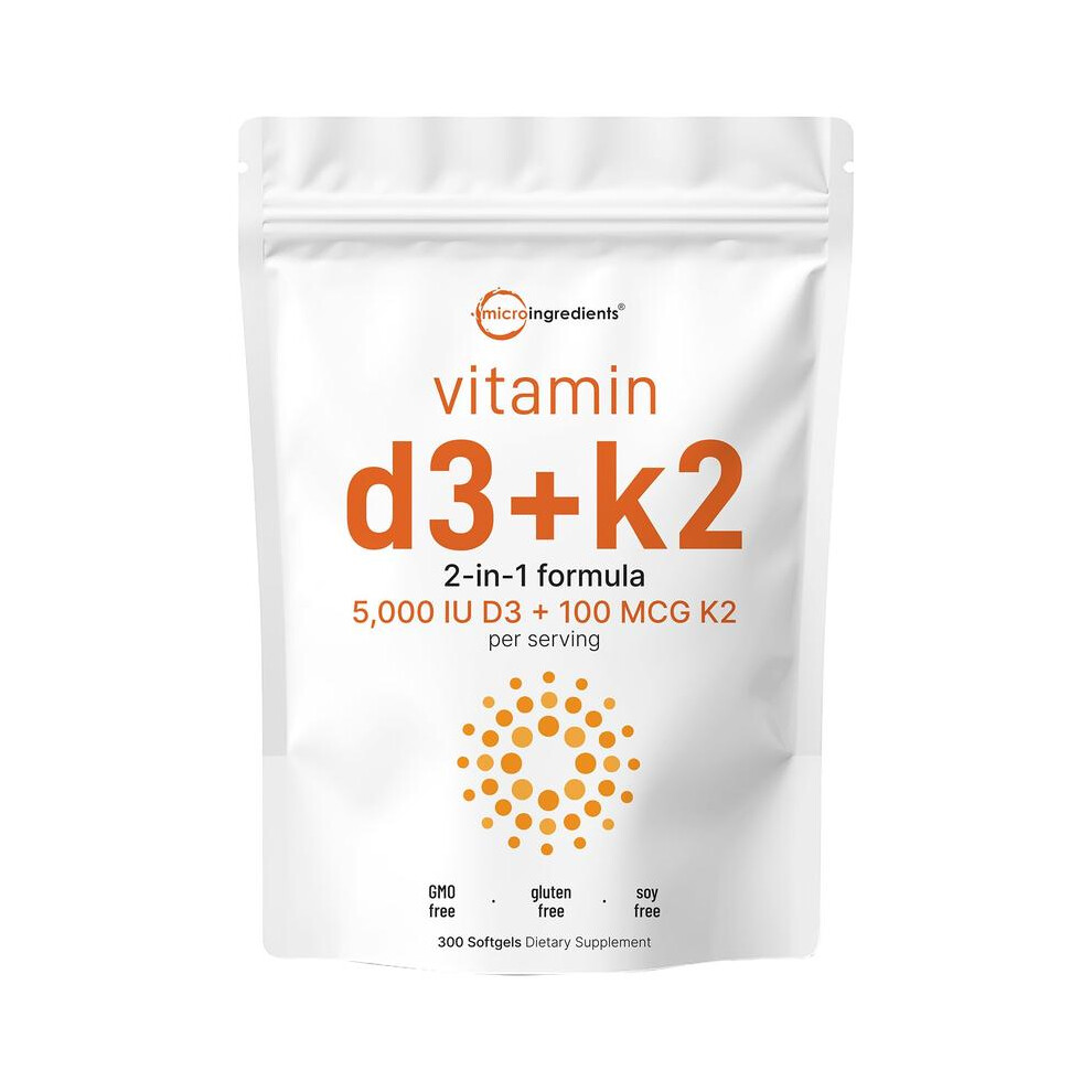 Micro Ingredients Vitamin D3 K2 5000IU Softgels | Infused with Sunflower Seed Oil, Vitamin K2 MK7 + Vitamin D Supplement, Non-GMO, No Gluten