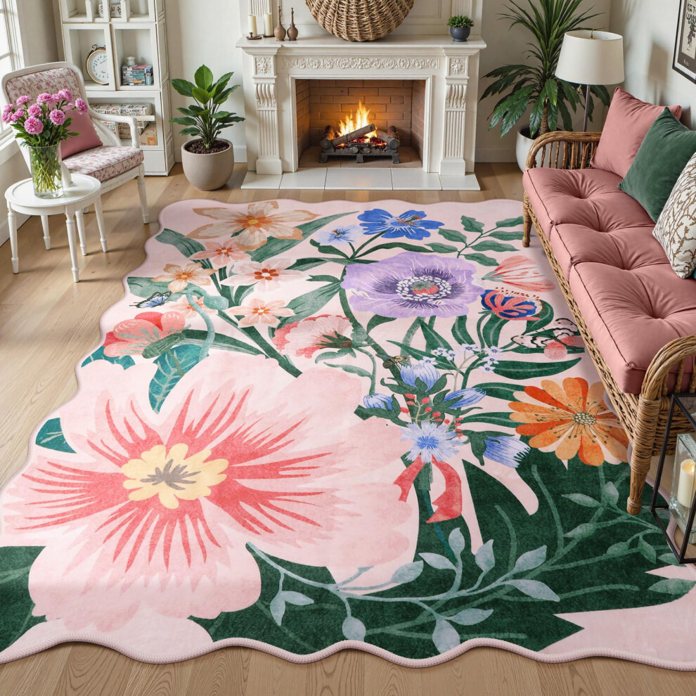Washable 5x7 Area Rugs Pink Floral Non Slip Soft Botanical Scalloped Rug For Kids Nursery Living Room Bedroom