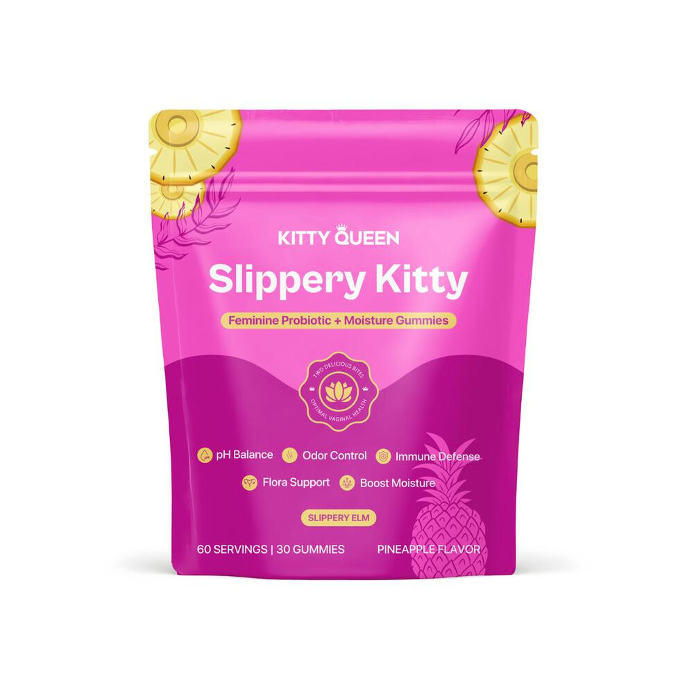 Slippery Kitty Feminine Probiotic + Moisture Gummies - All in One Solution with Slippery Elm 60 Count Pineapple Flavor