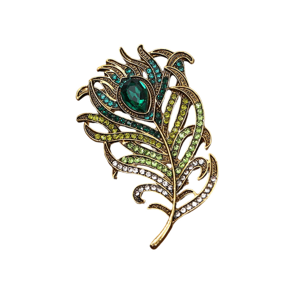 Elegant Peacocks Feather Brooch With Sparkling Zircon Stones-7