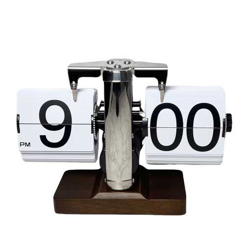 Minimalists Mechanical Digital Turn Page Clock with Wood Base-A