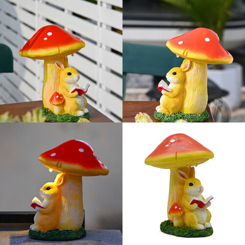 Mushroom Rabbit Resin Statue Figurine-White rabbit reading 1