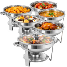 6 Pack 5QT Round Chafing Dish with Glass Lid