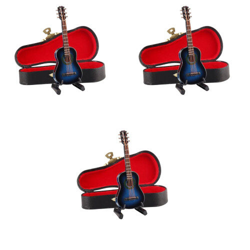 3Stück Blaue Mini Holzgitarren Mit Box Und Gestell 2