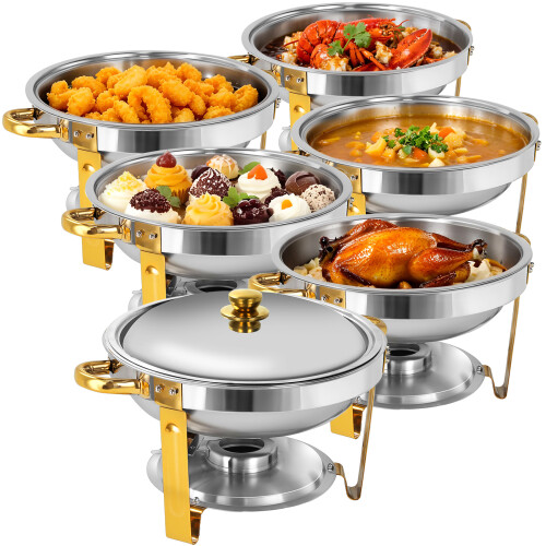 6 Pack 5QT Gold Round Chafing Dish for Buffet