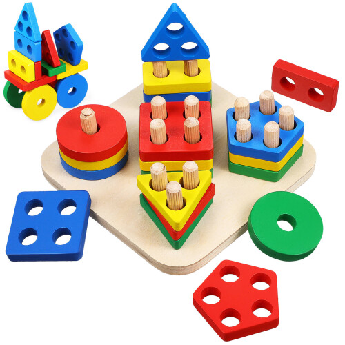 4 Set Impilabili Legno Montessori, Riconoscimento Forma