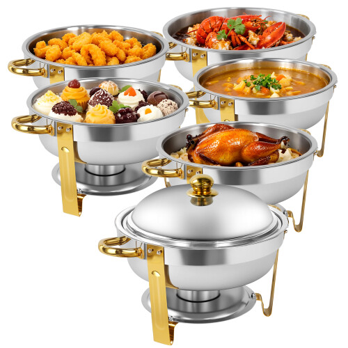 6 Pack 6QT Gold Round Chafing Dish for Buffet
