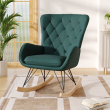 Emerald Velvet Rocking Chair with Diamond Tufted Back - Rubberwood Rocker Legs, Iron Frame