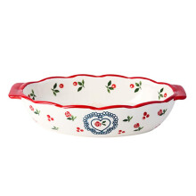 Lasagne Dish Handcrafted Glazed Oval Small With DoubleEar Handles, Red Cherry Flower Design, Decorative Decals, Cheese Bakeware Tray