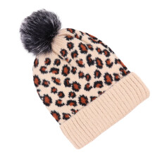 Fashion Leopardenmuster Beige Gestrickte Wintermütze Mit Faux