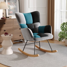 Black-Gray-Blue Patchwork Rocking Chair - Linen Upholstery, Solid Rubberwood Rocker Legs